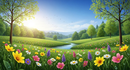 Lush meadow with stream and vibrant wildflowers in springtimeの写真素材