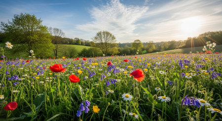 Vibrant wildflowers blooming in a sunny springtime meadow landscape