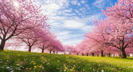 Blooming cherry blossom trees in an idyllic spring landscape