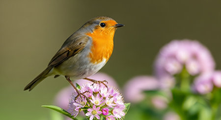 European Robin perched on pink flowers in natural habitat