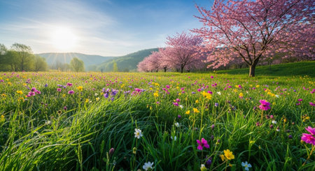 Tranquil spring meadow with cherry blossoms and wildflowersの写真素材