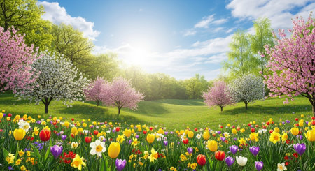 Vibrant spring landscape with blooming flowers and trees