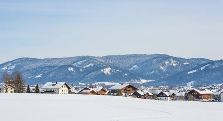 Winter landscape featuring snow-covered houses and distant mountainsの写真素材
