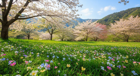 Spring landscape with flowering trees and colorful wildflowersの写真素材