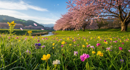 Spring landscape with cherry blossoms, stream, and wildflower meadowの写真素材