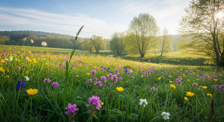 Idyllic wildflower meadow on a sunny spring morningの写真素材