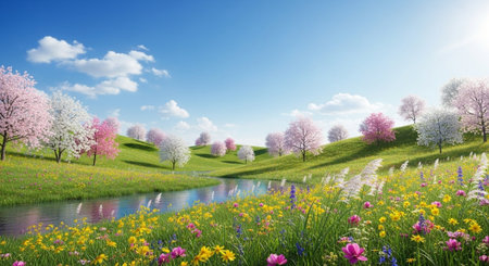 Spring meadow with blossom trees and a winding riverの写真素材