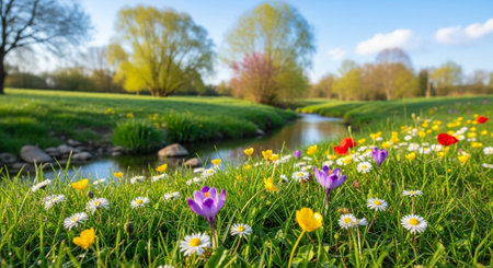 Idyllic spring meadow with wildflowers by a tranquil stream