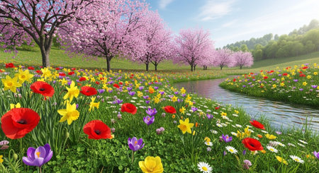 Blossom trees and wildflowers along creek in spring landscape