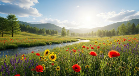 Scenic Meadow with Flowers and Stream on a Sunny Dayの写真素材