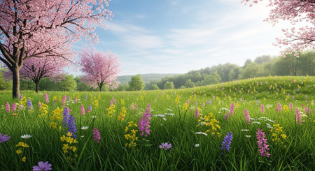 Pastoral Meadow in Spring with Cherry Blossoms and Wildflowersの写真素材