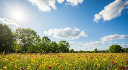 Vibrant wildflower meadow under blue sky with fluffy cloudsの写真素材