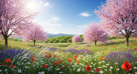 Spring meadow with blooming cherry trees and wildflowers landscape