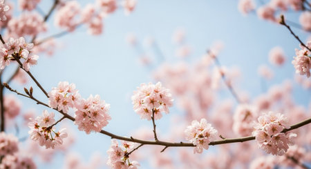 Delicate cherry blossoms against a soft blue sky backdrop
