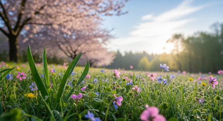 Sunlit meadow filled with colorful flowers and cherry blossomsの写真素材
