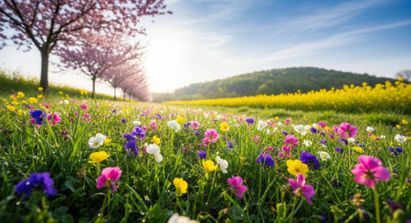 Blooming flower field with cherry trees in springtime seasonの写真素材