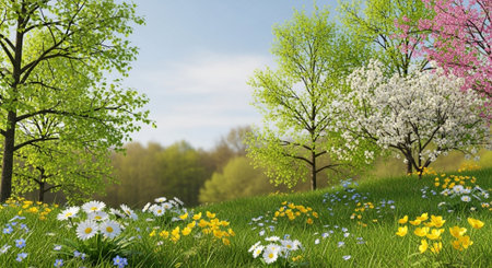 Scenic spring meadow with blooming trees and vibrant flowersの写真素材