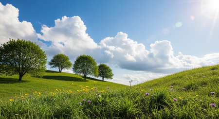 Lush Green Meadow with Trees Under a Blue Skyの写真素材
