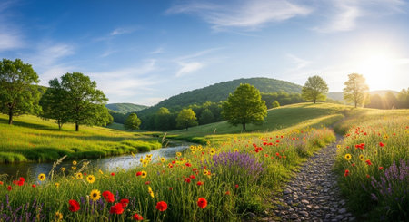 Idyllic landscape with wildflower meadow stream and blue skyの写真素材