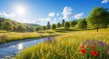Sunny meadow with stream, flowers, and trees on hillsideの写真素材