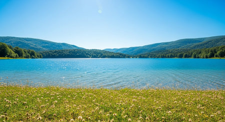 Scenic lake view with mountains and green meadowsの写真素材