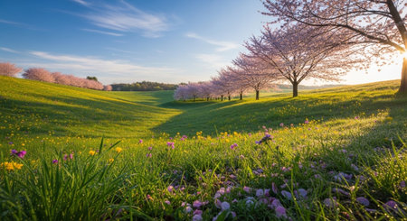 Idyllic landscape with cherry blossoms in a green fieldの写真素材