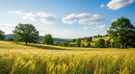 Scenic wheat field with wildflowers against a cloudy skyの写真素材