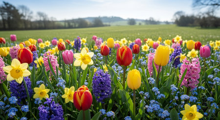 Vibrant spring flower meadow under a sunny blue skyの写真素材