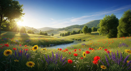 Scenic landscape with flowers and stream on a sunny day