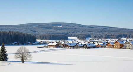 Snowy Village Scene with Trees and Forest Backdropの写真素材