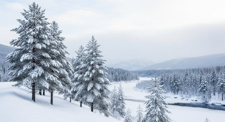 Serene snow covered pine trees bordering a flowing riverの写真素材