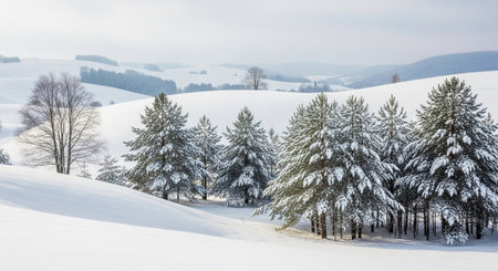 Snowy winter landscape with evergreen trees on rolling hillsの写真素材