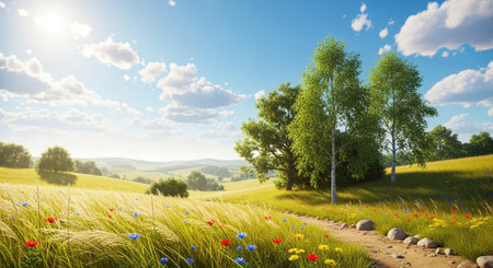 Scenic meadow landscape with colorful wildflowers and clear blue skyの写真素材