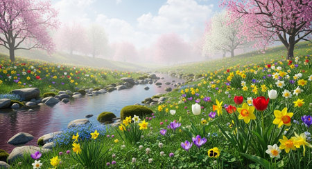 Scenic spring landscape with flowing stream and blossoming treesの写真素材