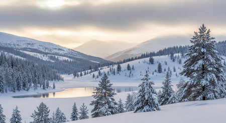 Snowy mountains and forest landscape with lake reflectionsの写真素材