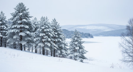 Snowy pines on a hillside overlooking a frozen lakeの写真素材