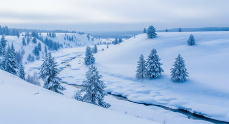 Winter landscape with snow covered hills and frozen riverの写真素材