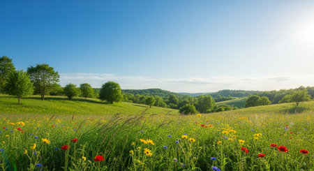 Blooming meadow with trees against a vibrant blue skyの写真素材