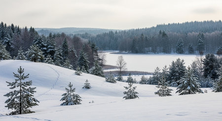 Winter landscape with snow covered trees and frozen lakeの写真素材