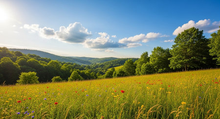 Scenic meadow with wildflowers under clear blue skiesの写真素材