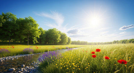 Scenic meadow with stream flowers trees and bright sunlightの写真素材