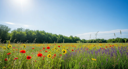 Vibrant wildflower meadow under blue sky in summertime