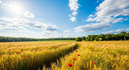 Wheat field with poppies under a bright blue sky