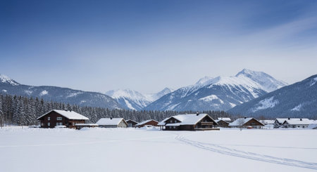 Winter landscape with snow-covered village and mountain backdrop