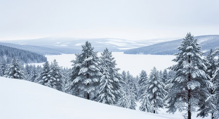 Snow covered pine trees in a white winter landscapeの写真素材