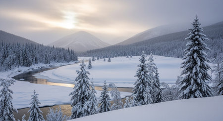 Serene winter landscape with snow-covered trees and winding riverの写真素材