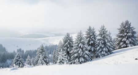 Snow covered pines in a winter landscape panorama