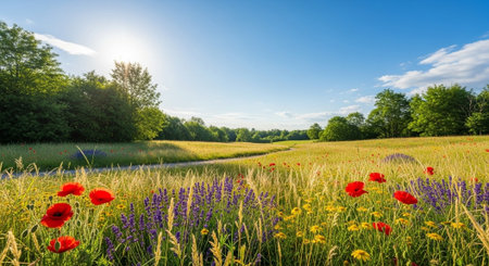 Vibrant summer meadow with wildflowers and sunny sky viewの写真素材
