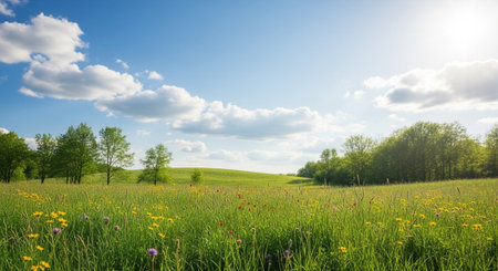 Scenic meadow with wildflowers under a bright sunny skyの写真素材
