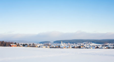 Winter village landscape under blue sky with snow coverの写真素材